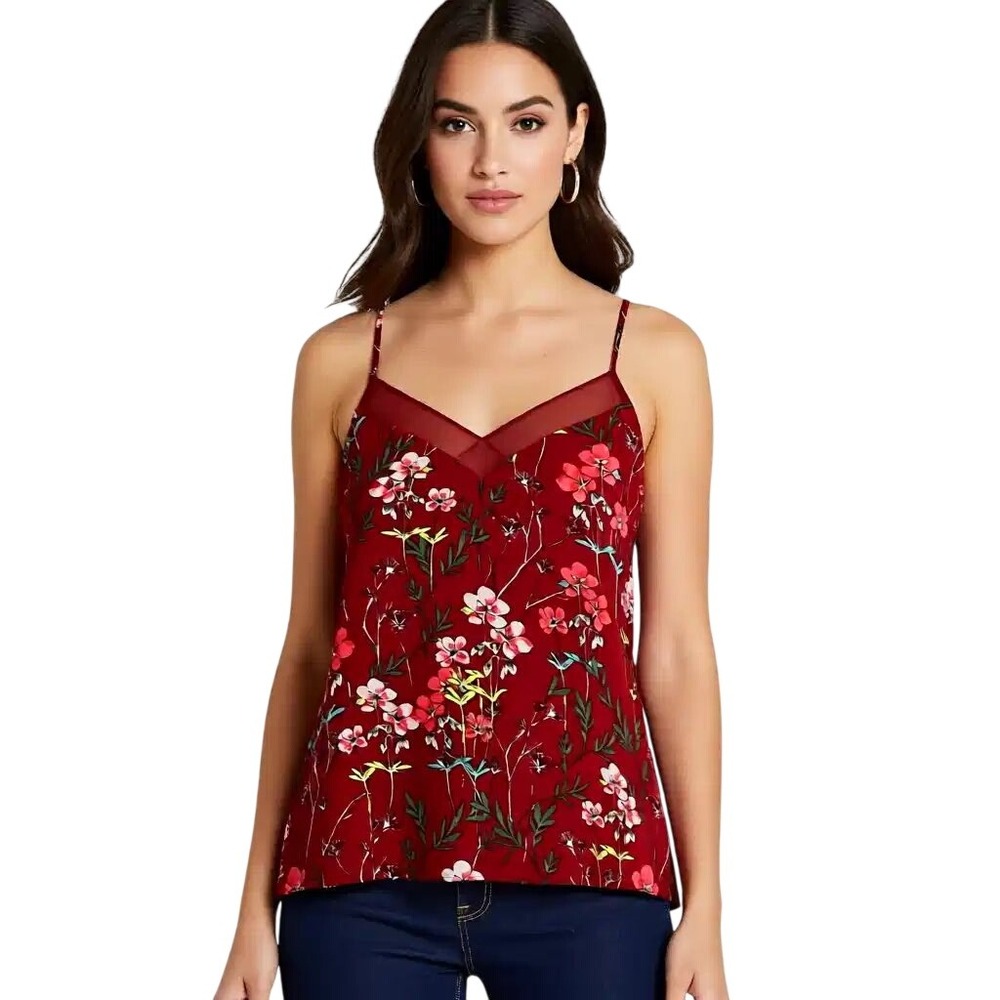 Express Burgundy Red Floral Mesh Trim T-Back Racerback Camisole Tank Top Small
